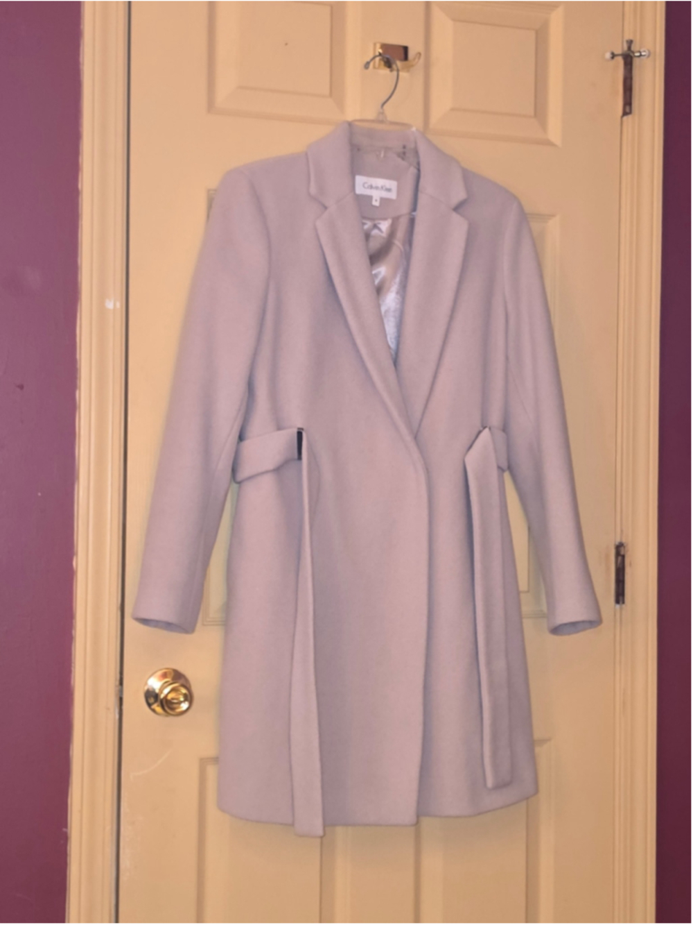 Women's Calvin Klein Beige Belted Wool Coat Size 10